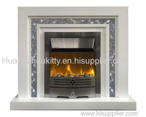 Gltiz fireplace with wooden mantel