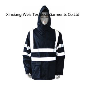 Protective Navy Blue Flame Retardant Jacket With Reflective Tape and Hood