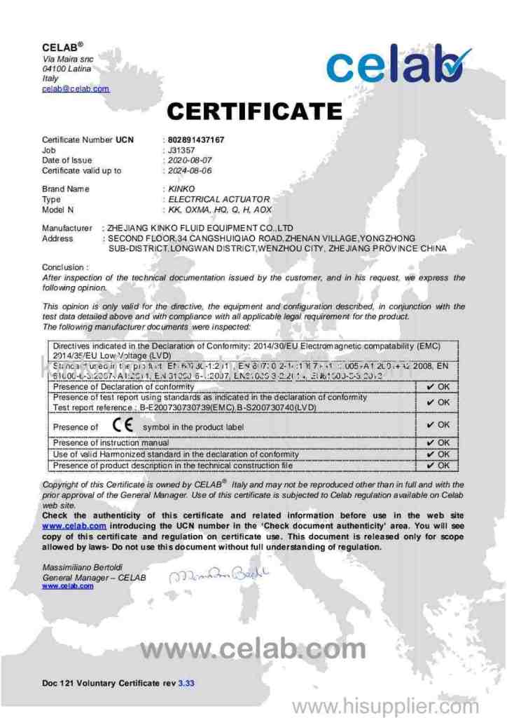 CE certificate of KINKO-FLOW Electric actuators