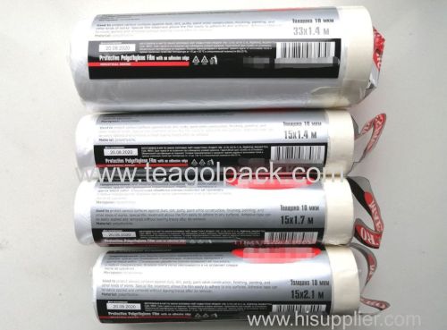 2.1M(210cm/2100mm)x15Mx10Mic Protective PE Film With White Masking Tape; Per-Taped Protecting Masking Film White.