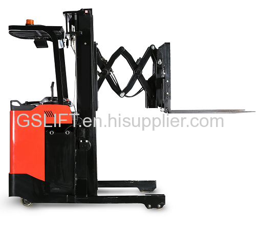 1200kg 5.5m double scissors reach truck for deep racking shelves