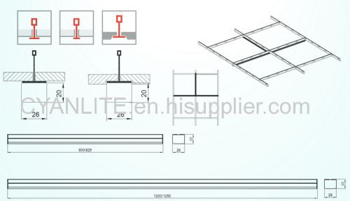 Cyanlite LED T grid linear light TIMO for T15/T24 T bars lay-on ceiling