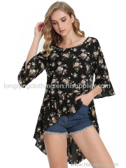 Women's Elegant 3/4 Ruffle Sleeve High Low Curved Hem Blouse