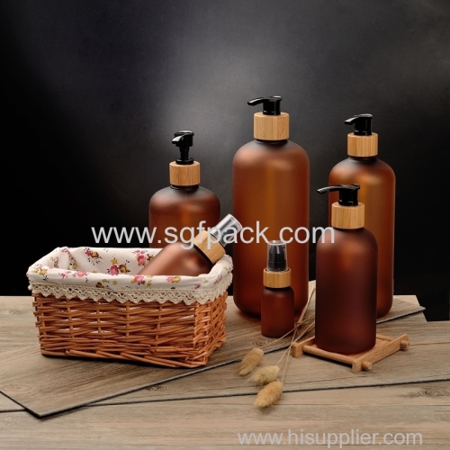 Bamboo lotion cosmetic packaging 60ml 120ml 250ml 500ml frosted amber boston round plastic PET bottle
