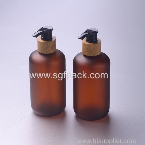 Bamboo lotion cosmetic packaging 60ml 120ml 250ml 500ml frosted amber boston round plastic PET bottle