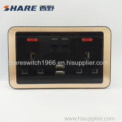 Factory Price Black Color 3 Pin UK Plug Twin 13A Switched Socket with Neon And 2 USB For Home/Commercial