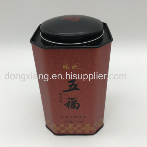 Hexagon tea packaging tin box with inside lid which with handle