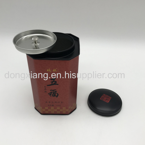 Hexagon tea packaging tin box with inside lid which with handle