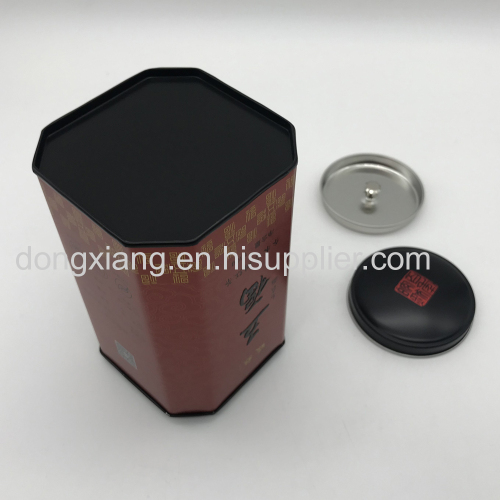 Hexagon tea packaging tin box with inside lid which with handle