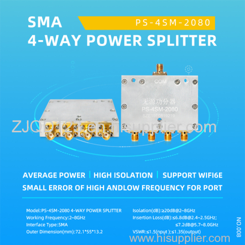 0.8-8GHz precision 4 way power splitter Power Divider with SMA connector