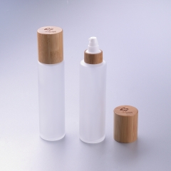 Frosted glass jar/bottle with bamboo cap/pump/sprayer/disc cap