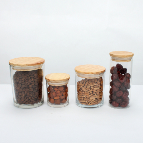 Eco friendly Glass food storage bottle glass jar with bamboo wooden lid for food candy