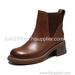 Vintage Square Head Leather Short Boots Women's Thick Heel Comfortable Durable Slip-On Chelsea Boots