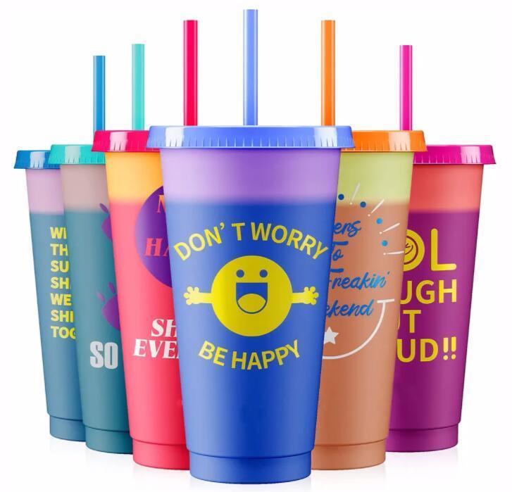 Bpa Free custom 16 24 oz colored Plastic coffee magic tumbler reusable cold water color changing cup with lids and straw