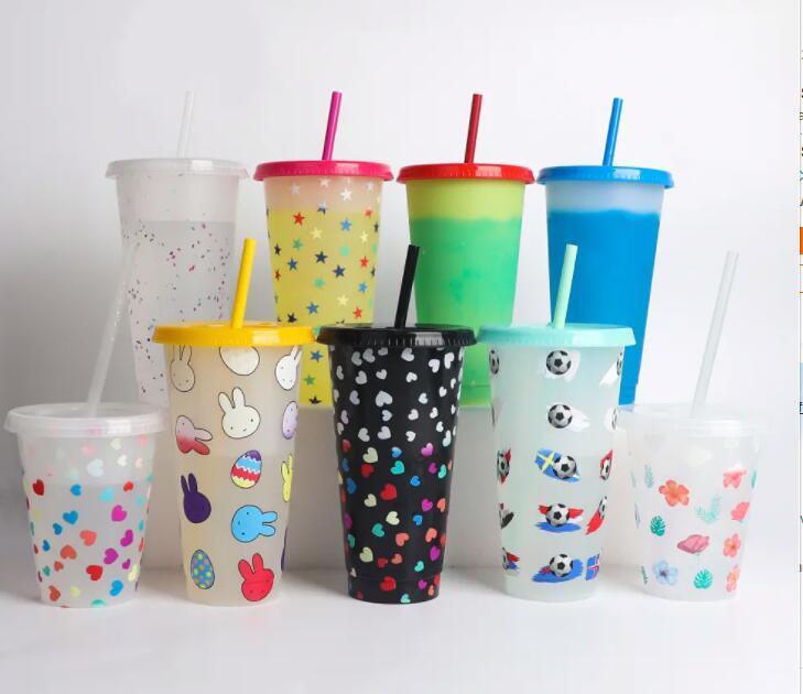 Bpa Free custom 16 24 oz colored Plastic coffee magic tumbler reusable cold water color changing cup with lids and straw