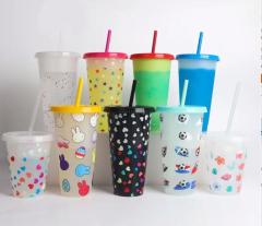 Bpa Free custom 16 24 oz colored Plastic coffee magic tumbler reusable cold water color changing cup with lids and straw