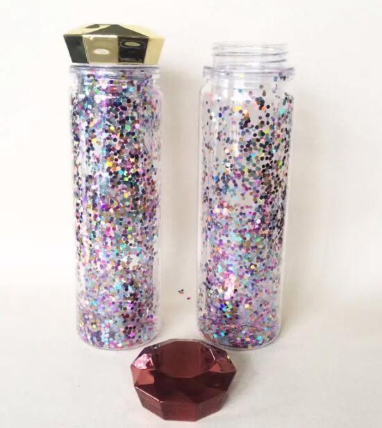 Promotion Double Wall Plastic Drinking Sports Clear Water Bottles Juice Cup Custom Logo Glitter Bpa Free 500ml