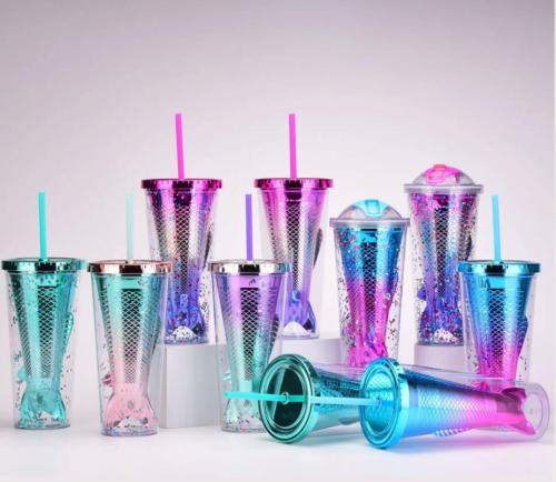 double-layer plastic cup creative gradual change beauty fishtail straw cup electroplating color sequin water cup