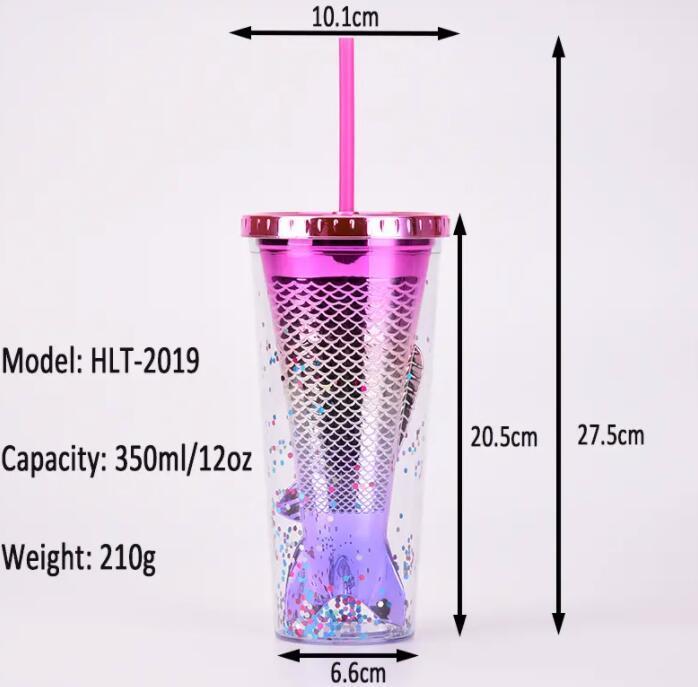 double-layer plastic cup creative gradual change beauty fishtail straw cup electroplating color sequin water cup