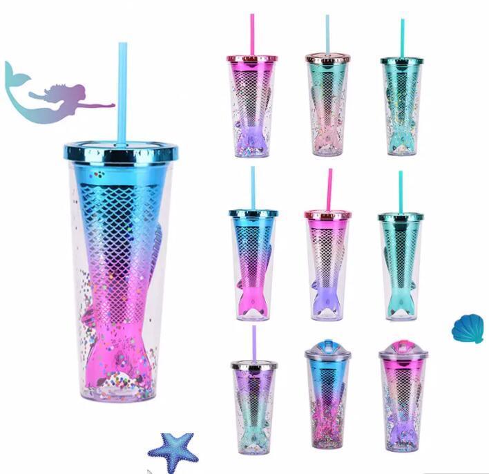 double-layer plastic cup creative gradual change beauty fishtail straw cup electroplating color sequin water cup