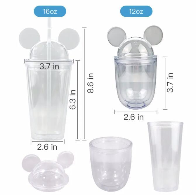 double walled 12oz 16oz cartoon mouse ears acrylic plastic kids tumbler cup with straw and lid