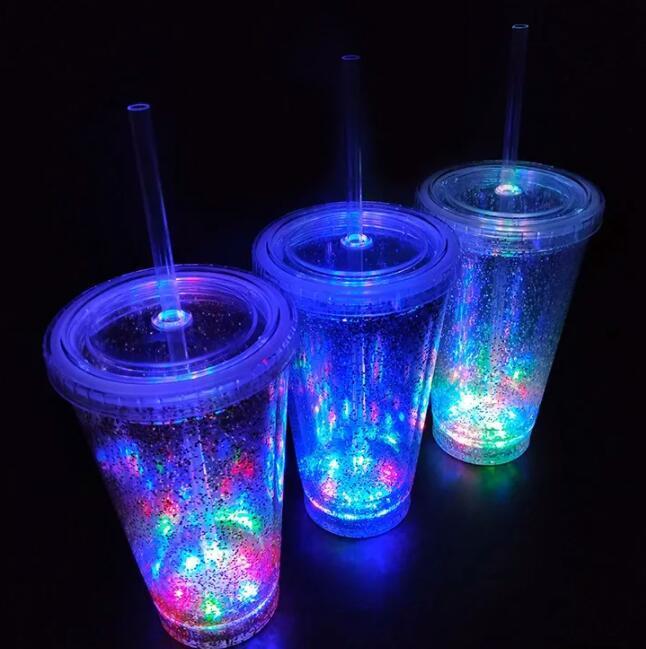 Double wall Plastic Water Cup Light Up Clear Plastic Tumbler Glowing Cups with Straw for Night and Party