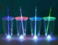 Double wall Plastic Water Cup Light Up Clear Plastic Tumbler Glowing Cups with Straw for Night and Party