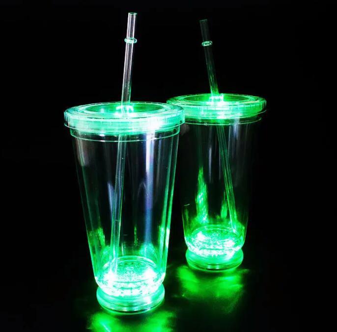 Double wall Plastic Water Cup Light Up Clear Plastic Tumbler Glowing Cups with Straw for Night and Party