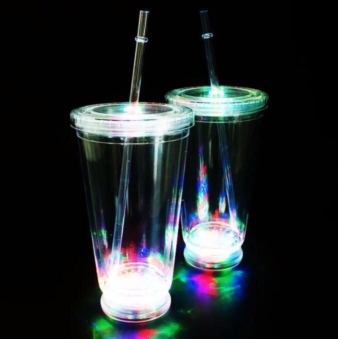 Double wall Plastic Water Cup Light Up Clear Plastic Tumbler Glowing Cups with Straw for Night and Party