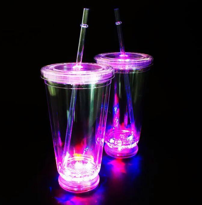 Double wall Plastic Water Cup Light Up Clear Plastic Tumbler Glowing Cups with Straw for Night and Party