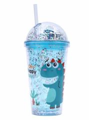 16oz 480ml custom cartoon dinosaur kids double wall plastic tumbler clear with lids and straw