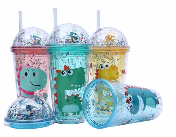 16oz 480ml custom cartoon dinosaur kids double wall plastic tumbler clear with lids and straw