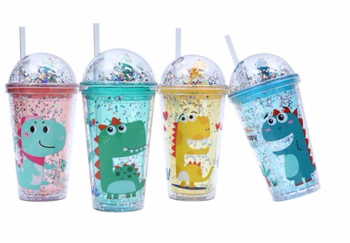 16oz 480ml custom cartoon dinosaur kids double wall plastic tumbler clear with lids and straw