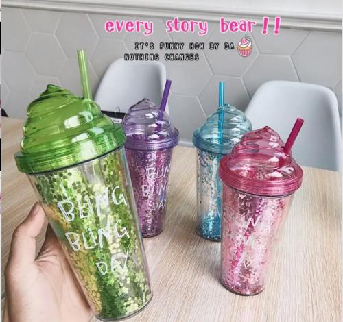 Customized logo Ice cream double wall reusable clear glitter Drinking plastic tumbler with straw