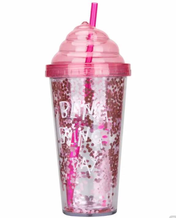 Customized logo Ice cream double wall reusable clear glitter Drinking plastic tumbler with straw