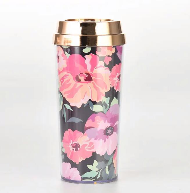 16oz portable reusable plastic coffee cup eco ice coffee cup plastic flower for woman and girl with lid coffee mug