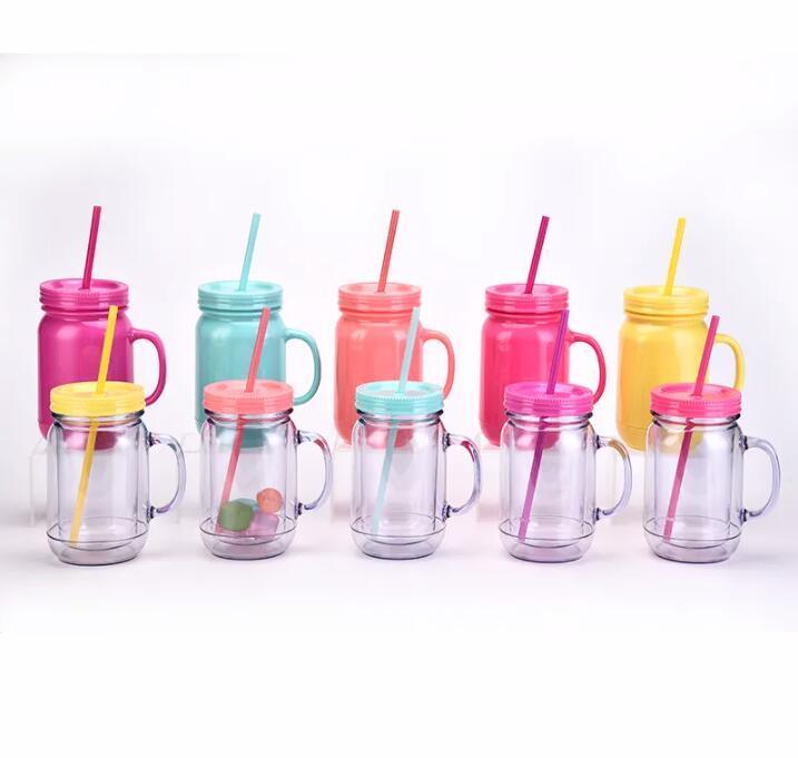 Custom Matte pastel pure color 20 oz mason jars with lid and straw double wall plastic bottle with handle in bulk