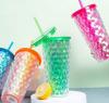 New 20oz Plastic Coffee Double Layer Plastic Straw Durian Cup Bright Diamond Pink Crystal Tumbler Mug with Straw