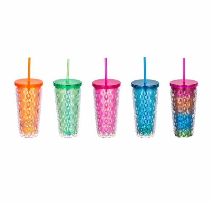 New 20oz Plastic Coffee Double Layer Plastic Straw Durian Cup Bright Diamond Pink Crystal Tumbler Mug with Straw