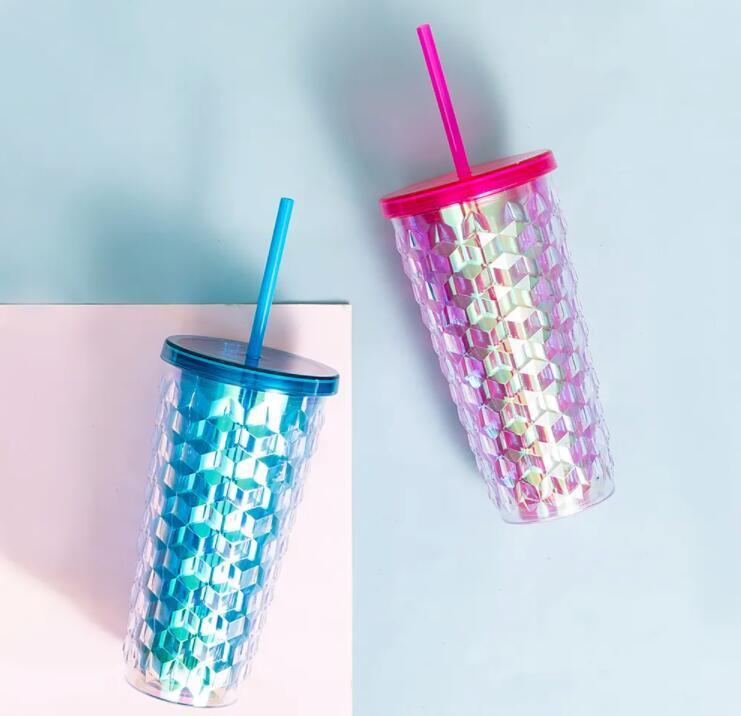 New 20oz Plastic Coffee Double Layer Plastic Straw Durian Cup Bright Diamond Pink Crystal Tumbler Mug with Straw