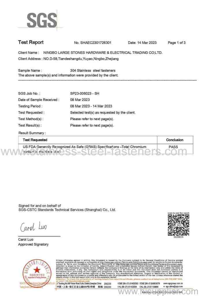 SGS REPORT FOR USA FDA TEST OF SS304 MATERIAL SCREWS