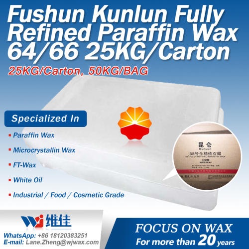 Fushun Kunlun Fully Refined Paraffin Wax 64/66 25KG/Carton packaging