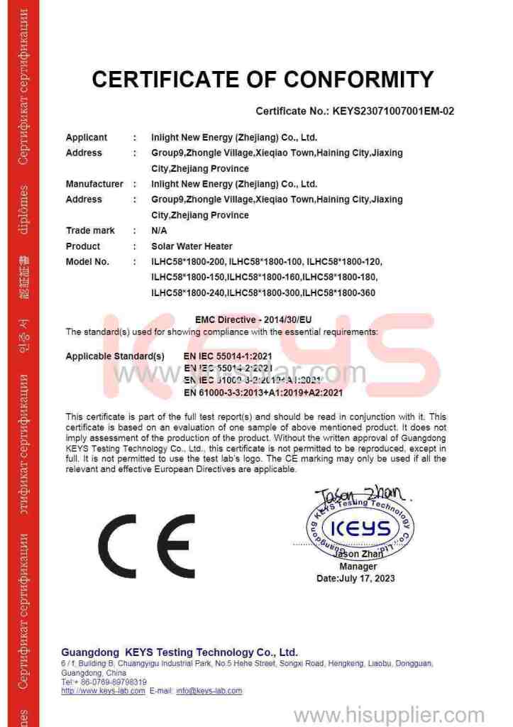 Inlight Solar Water Heater CE-EMC Certificate