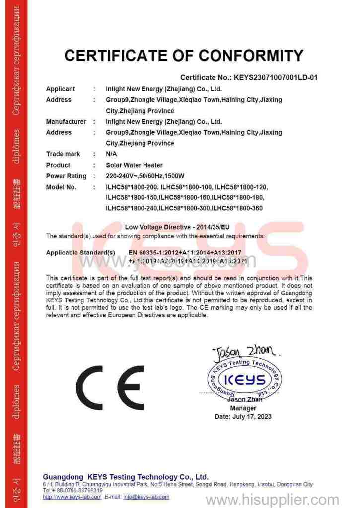 Inlight Solar Water Heater CE-LVD Certificate