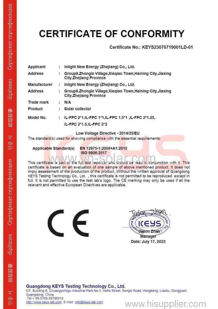 Inlight FPC Solar Collector CE LVD Certificate