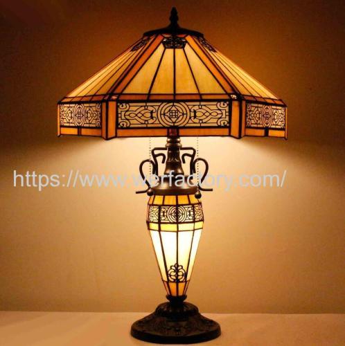 WERFACTORY Tiffany Table Lamp Yellow Stained Glass Hexagon LED read Lamp