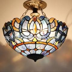 WERFACTORY Tiffany Ceiling Light Fixture Blue Purple Cloudy Stained Glass Lamp