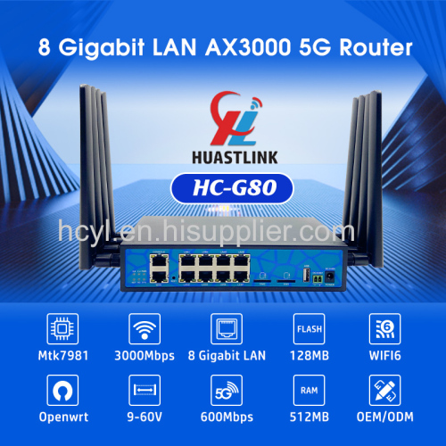 Huastlink Openwrt 4G 5G Dual SIM Card Router With 8 Gigabit LAN Port MTK7981 Wifi6 3000Mbps 9V-60V Power Gateway