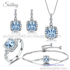 Sobling wholesale Nano Sky Blue Topaz 4pcs Jewelry set with Rings Adjustable bolo Bracelet Drop Earrings pendant Necklac