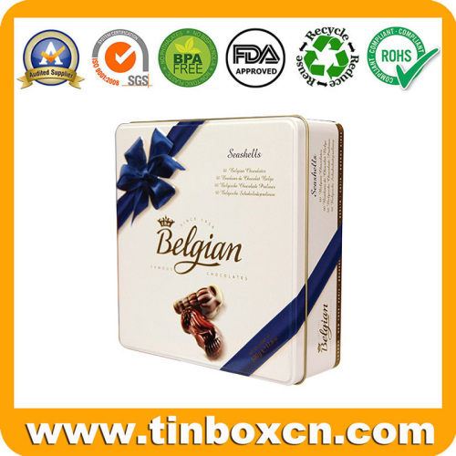 Customized Square Chocolate Cookies Tin Box With Beautiful Ribbon Embossment